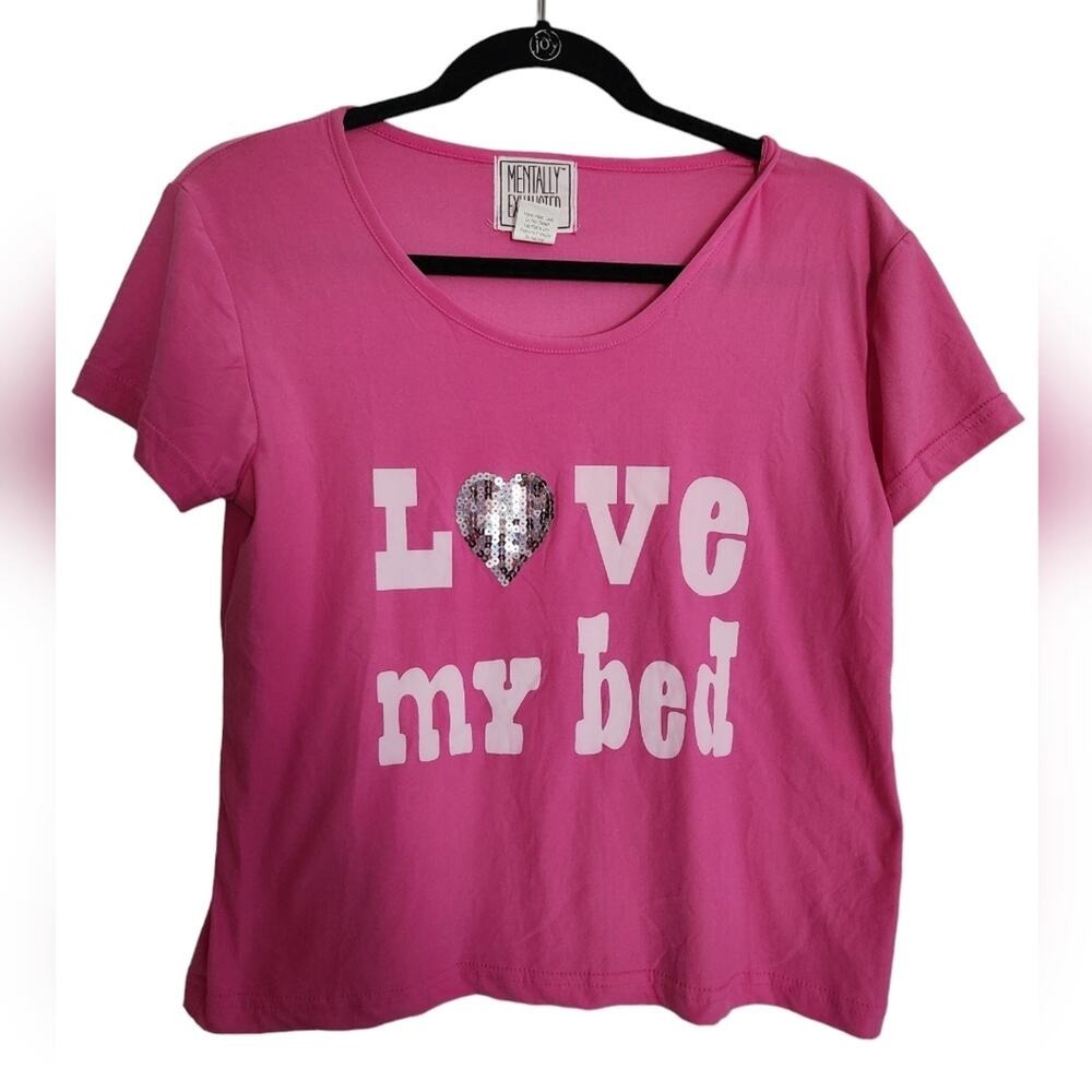 Mentally Exhausted Pink Love My Bed Graphic T-Shirt Women's Medium